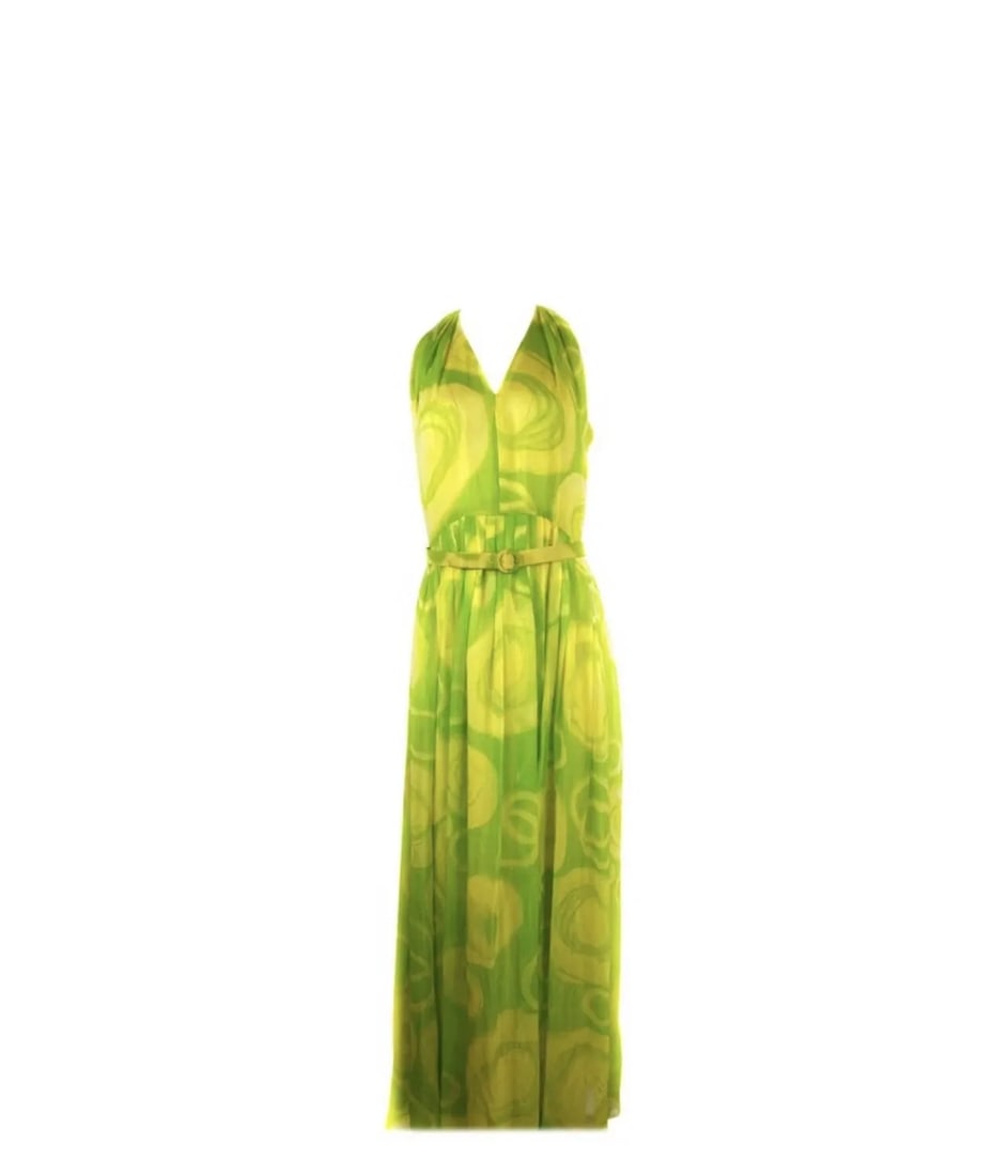 VINTAGE KIKI HART YELLOW AND GREEN SLEEVELESS MAXI DRESS W/ BELT: VINTAGE KIKI HART YELLOW AND GREEN SLEEVELESS MAXI DRESS W/ BELT VINTAGE KIKI HART YELLOW AND GREEN SLEEVELESS MAXI DRESS W/ BELT Yellow and green geometric, abstract, circle pattern Featuring v- neck