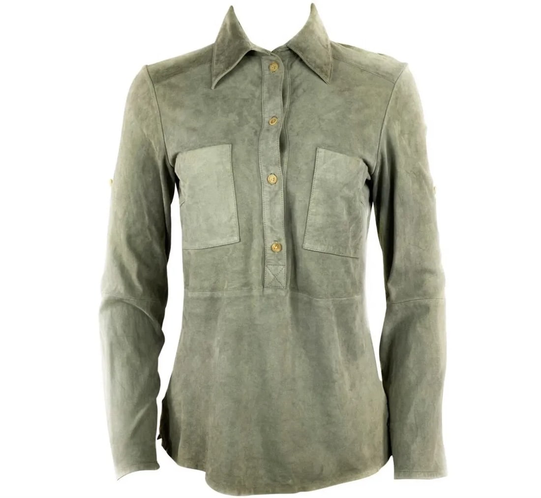 CELINE GREY GREEN OLIVE SUEDE BUTTON-DOWN SHIRT TOP SIZE 38: CELINE GREY GREEN OLIVE SUEDE BUTTON-DOWN SHIRT TOP SIZE 38 CELINE GREY GREEN OLIVE SUEDE BUTTON-DOWN SHIRT TOP SIZE 38 Size FR 38 100% goat leather Half front button closure Collar detail Featuring o