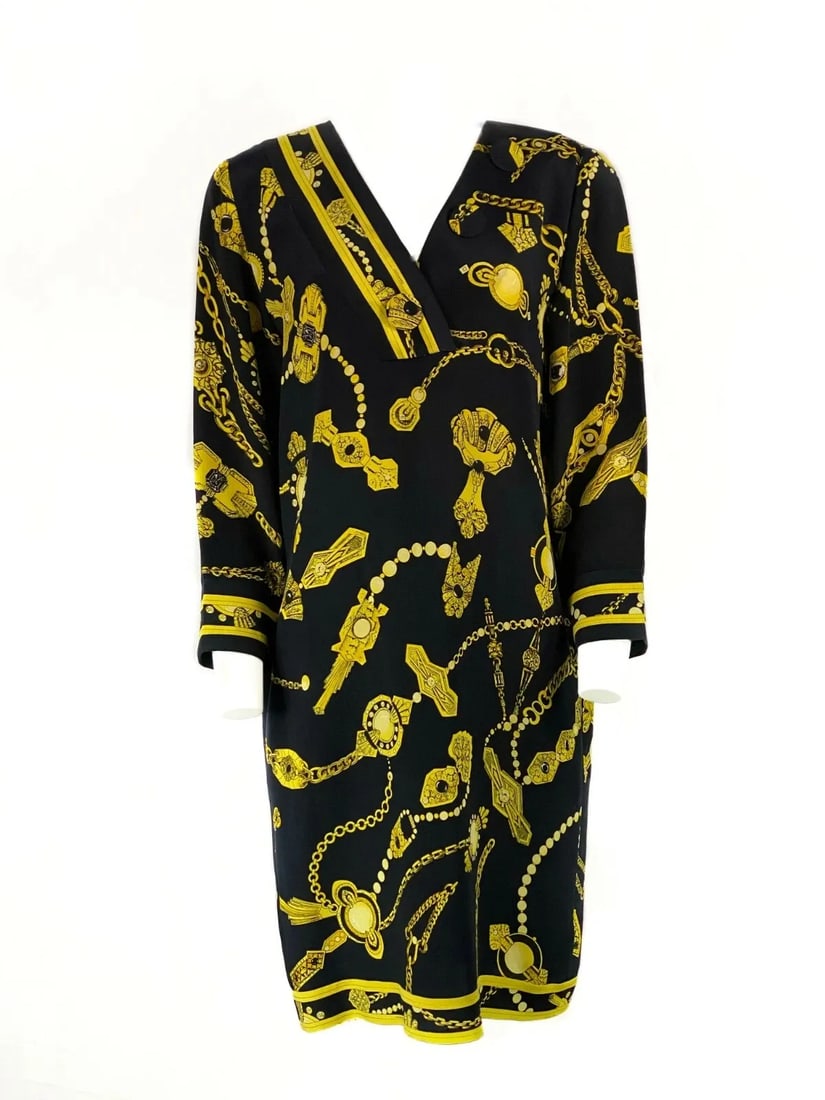 VINTAGE LEONARD BLACK AND YELLOW V- NECK MINI DRESS (1 of 2)