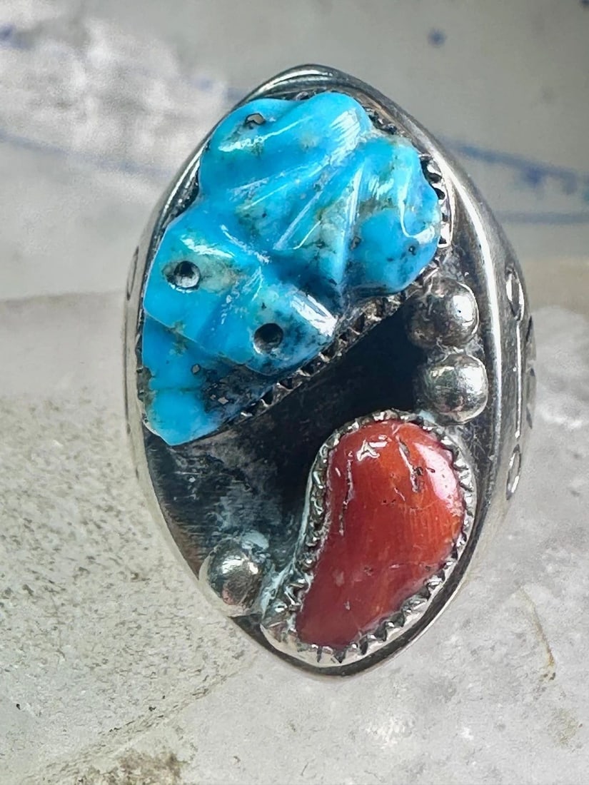 VINTAGE FROG RING TURQUOISE CORAL NAVAJO SIZE 10.50 STERLING SILVER WOMEN MEN: VINTAGE FROG RING TURQUOISE CORAL NAVAJO SIZE 10.50 STERLING SILVER WOMEN MEN Vintage Frog Ring Turquoise Coral Navajo size 10.50 sterling silver women men Size 10.50 Between a size 10.50 and a size 1