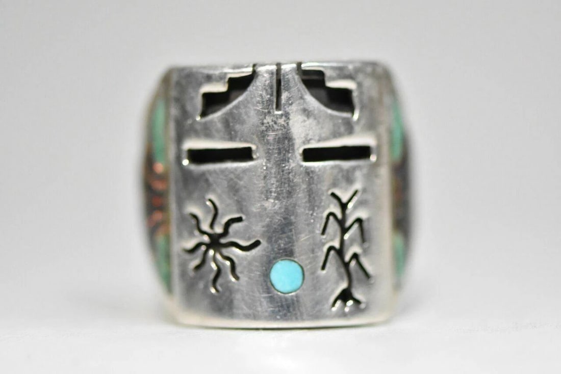 MEDICINE MASK RING BENALLY SUN MOUNTAIN NAVAJO STERLING SILVER RING SIZE 8.25: MEDICINE MASK RING BENALLY SUN MOUNTAIN NAVAJO STERLING SILVER RING SIZE 8.25 Medicine Mask Ring by Fernando Benally Navajo sterling silver ring The symbols on the Healing Medicine mask ring each have