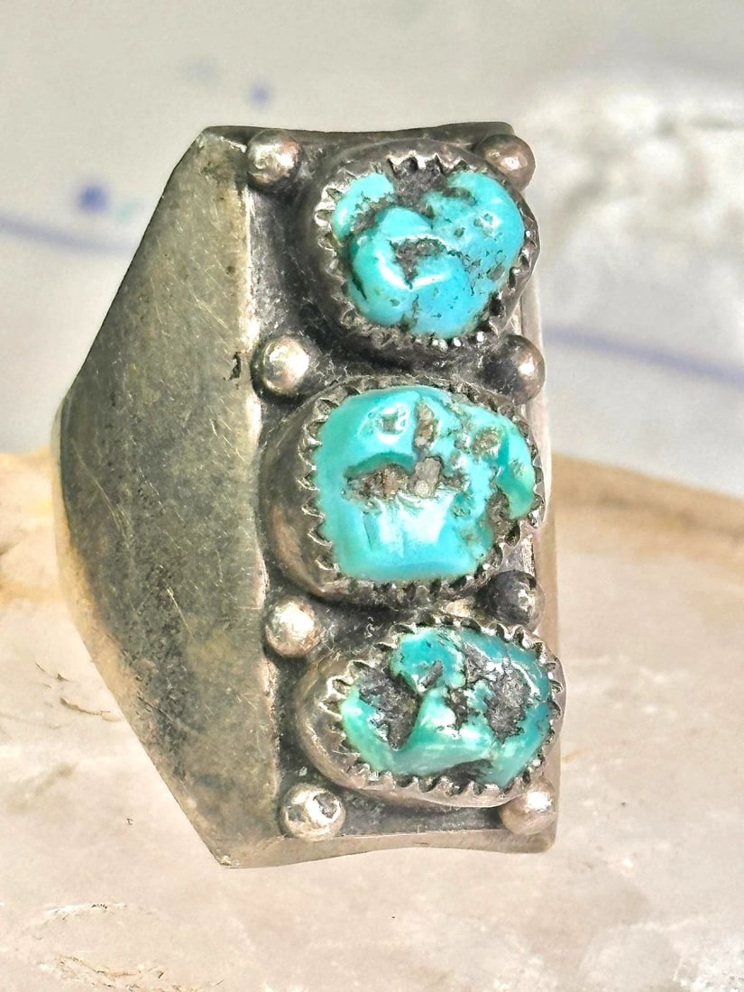 LONG NAVAJO RING HEAVY TURQUOISE BAND VINTAGE STERLING SILVER SIZE 10.75 WOMEN M (1 of 2)