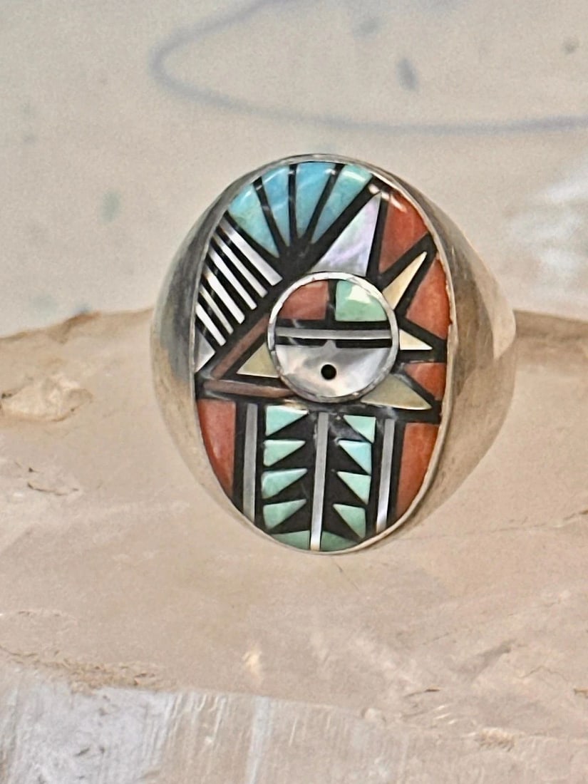 ZUNI RING ANGELINA LAAHTY SUN TURQUOISE CORAL MOP JET SIZE 11.75 STERLING SILVER: ZUNI RING ANGELINA LAAHTY SUN TURQUOISE CORAL MOP JET SIZE 11.75 STERLING SILVER Zuni ring Angelina Laahty sun turquoise coral MOP Jet size 11.75 Sterling silver women men Size 11.75 Between a size 11