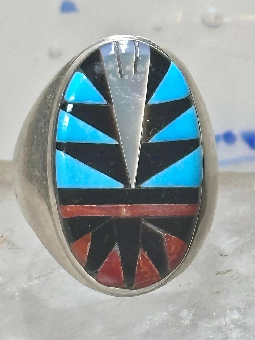 ZUNI RING SIZE 10.25 TURQUOISE CORAL MOP ONYX STERLING SILVER MEN WOMEN: ZUNI RING SIZE 10.25 TURQUOISE CORAL MOP ONYX STERLING SILVER MEN WOMEN Zuni ring size 10.25 turquoise coral mop onyx sterling silver men women Beautiful polished finish to the face of the ring .. Sig