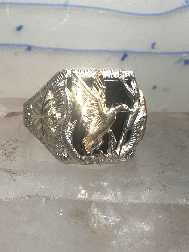 BLACK HILLS GOLD DUCK RING POND CATTAILS ONYX BAND SIZE 11.75 STERLING SILVER WO: BLACK HILLS GOLD DUCK RING POND CATTAILS ONYX BAND SIZE 11.75 STERLING SILVER WO Black Hills Gold Duck ring pond cattails onyx band size 11.75 sterling silver women men Detailed with 10K and 12K over 