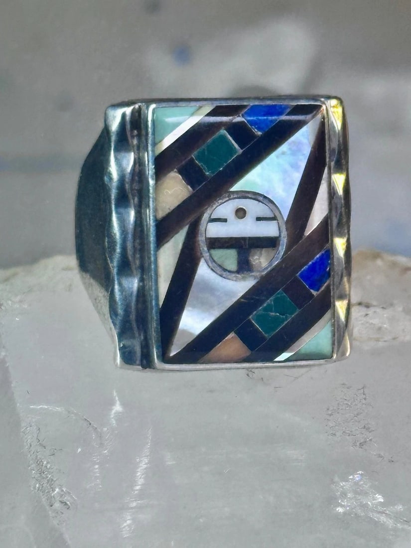ZUNI RING SUN FACE LAPIS MOTHER OF PEARL TURQUOISE SIZE 10.50 STERLING SILVER WO: ZUNI RING SUN FACE LAPIS MOTHER OF PEARL TURQUOISE SIZE 10.50 STERLING SILVER WO Zuni Ring sun face lapis mother of pearl turquoise size 10.50 sterling silver women men Size 10.50 Between a size 10.50
