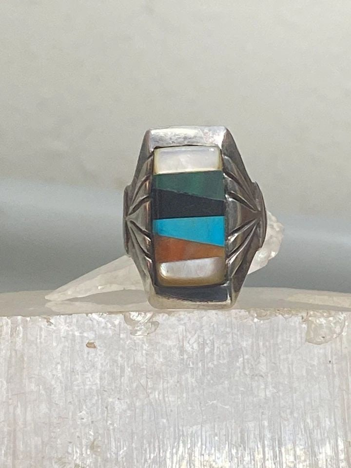 NAVAJO RING TURQUOISE ONYX MOP SPINY OYSTER STERLING SILVER WOMEN MEN: NAVAJO RING TURQUOISE ONYX MOP SPINY OYSTER STERLING SILVER WOMEN MEN Navajo ring turquoise onyx mop spiny oyster sterling silver women men Small imperfection in the back of the band - Not structural 
