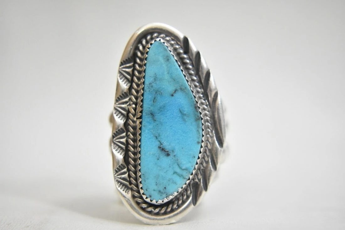 NAVAJO RING LONG TURQUOISE SOUTHWEST TRIBAL STERLING SILVER WOMEN MEN SIZE 9.75 (1 of 2)