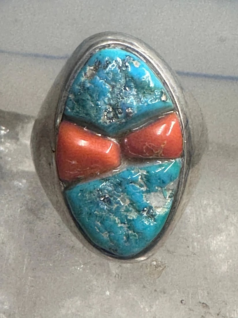 NAVAJO RING TURQUOISE CORAL NATURAL COBBLESTONE SIZE 12 STERLING SILVER WOMEN ME: NAVAJO RING TURQUOISE CORAL NATURAL COBBLESTONE SIZE 12 STERLING SILVER WOMEN ME Navajo ring Turquoise Coral natural cobblestone size 12 sterling silver women men Size 12 Weight 22.7g Length. 1 3/32" 