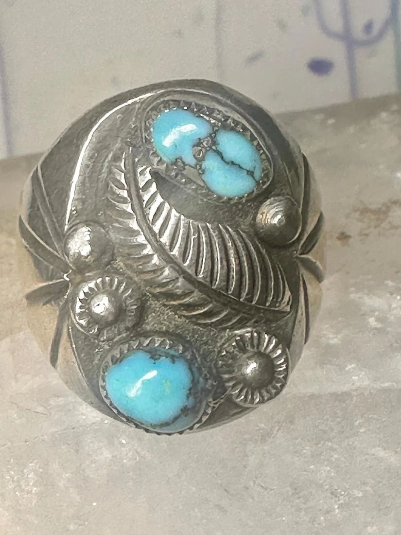 NAVAJO RING TURQUOISE FEATHER LEAF SIGN J SILVERSMITH SIZE 11 STERLING SILVER WO: NAVAJO RING TURQUOISE FEATHER LEAF SIGN J SILVERSMITH SIZE 11 STERLING SILVER WO Navajo ring Turquoise feather leaf sign J Silversmith size 11 sterling silver women men Size 11 Weight 20.7g Length 1" 