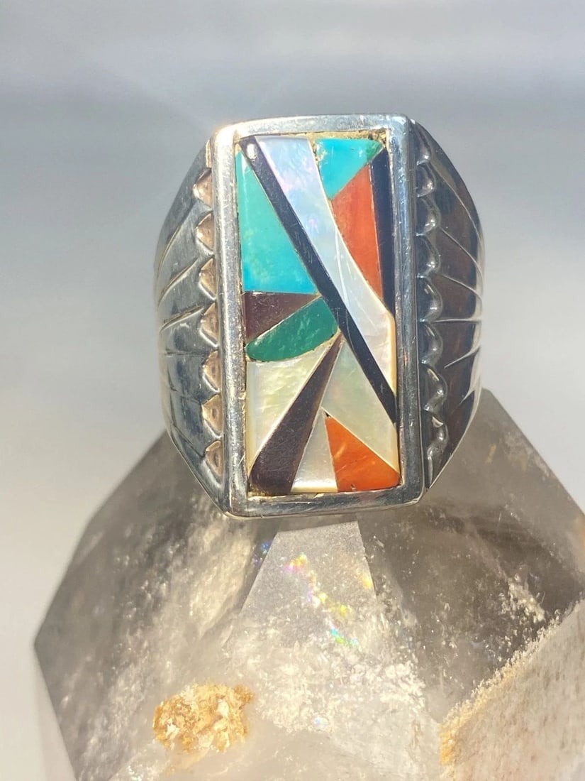 ZUNI RING SOUTHWEST LONG TURQUOISE MOP CORAL STERLING SILVER MEN WOMEN: ZUNI RING SOUTHWEST LONG TURQUOISE MOP CORAL STERLING SILVER MEN WOMEN Zuni ring southwest long turquoise MOP coral sterling silver men women Size 10.75 Between a size 10.75 and a size 11 Weight 8.5g 