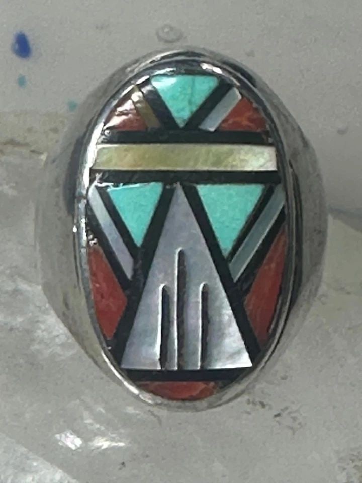 ZUNI RING TURQUOISE CORAL MOP RING SIZE 11 SOUTHWEST CORAL STERLING SILVER WOMEN: ZUNI RING TURQUOISE CORAL MOP RING SIZE 11 SOUTHWEST CORAL STERLING SILVER WOMEN Zuni ring Turquoise Coral MOP ring size 11 southwest coral sterling silver women men Size 11 Weight 20.2g Length 1" Wid