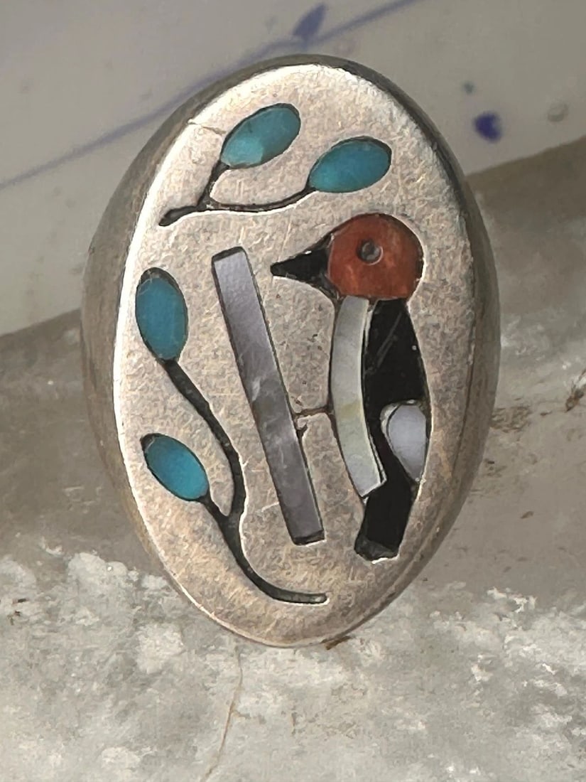 WOODPECKER RING NATIVE AMERICAN TURQUOISE LEAVES CORAL ONYX SIZE 11.50 STERLING: WOODPECKER RING NATIVE AMERICAN TURQUOISE LEAVES CORAL ONYX SIZE 11.50 STERLING Woodpecker ring Native American turquoise leaves coral onyx size 11.50 sterling silver women men Ring is solid and secur