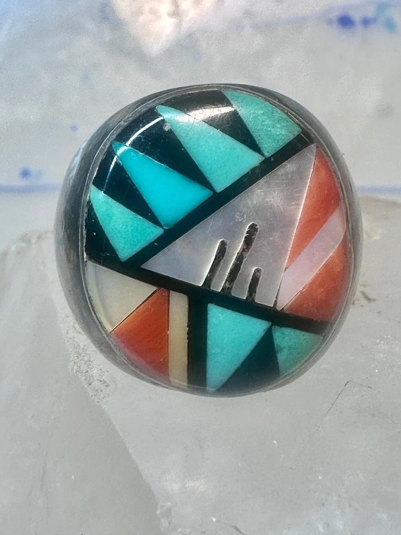 ZUNI RING TURQUOISE CORAL SIZE 10.25 VINTAGE STERLING SILVER MEN WOMEN: ZUNI RING TURQUOISE CORAL SIZE 10.25 VINTAGE STERLING SILVER MEN WOMEN Zuni ring turquoise coral Size 10.25 Vintage sterling silver men women Size 10.25 Weight 21.7g Length 7/8" Width. 3/4" Band in th