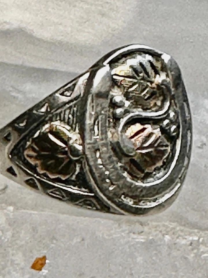 BLACK HILLS GOLD RING SIZE 8.50 LEAVES GOOD LUCK BAND STERLING SILVER WOMEN MEN: BLACK HILLS GOLD RING SIZE 8.50 LEAVES GOOD LUCK BAND STERLING SILVER WOMEN MEN Black Hills Gold ring size 8.50 leaves good luck band sterling silver women men Size 8.50 Weight 8.6g Length 3/4" Width 