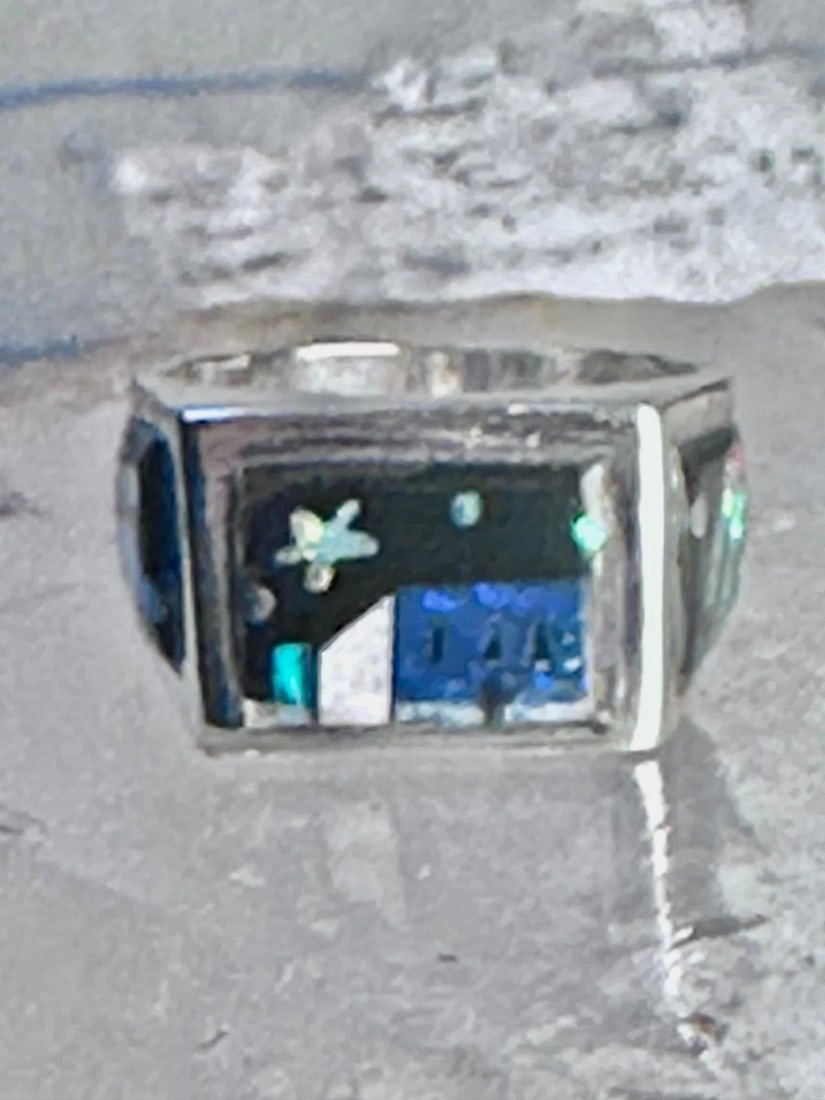 NAVAJO RING K NEZ STORYTELLER SHOOTING STARS VILLAGE LAPIS OPAL SIZE 7.75 STERLI: NAVAJO RING K NEZ STORYTELLER SHOOTING STARS VILLAGE LAPIS OPAL SIZE 7.75 STERLI Navajo ring K Nez Storyteller Shooting Stars Village lapis opal size 7.75 sterling silver Size 7.75 Weight 7.7g Length 