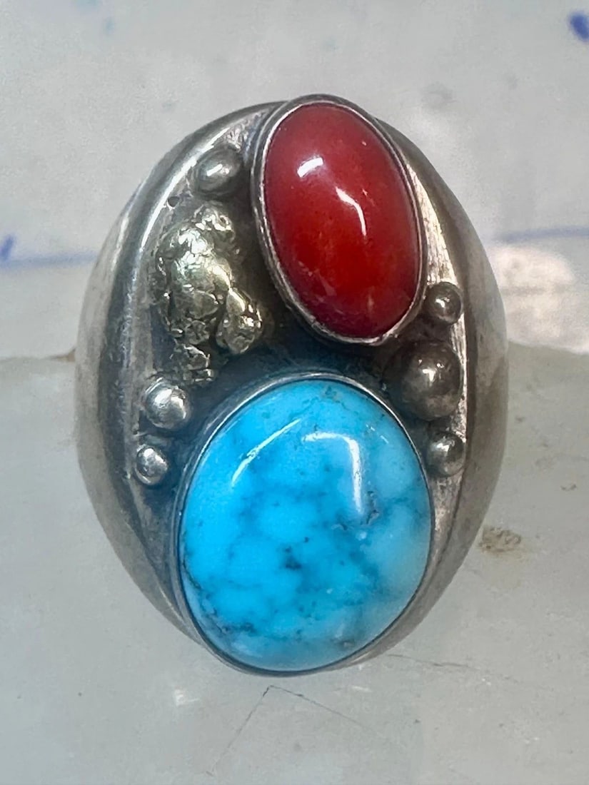 NAVAJO RING TURQUOISE CORAL LONG SIZE 10.50 VINTAGE STERLING SILVER MEN WOMEN: NAVAJO RING TURQUOISE CORAL LONG SIZE 10.50 VINTAGE STERLING SILVER MEN WOMEN Navajo ring turquoise coral long Size 10.50 Vintage sterling silver men women Size 10.50 Weight 19.1g Length 1 1/16" Width