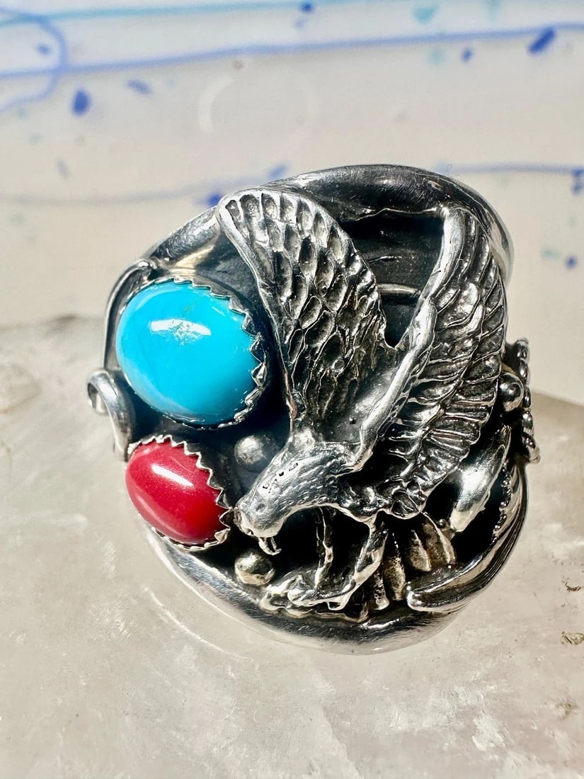 EAGLE RING TURQUOISE CORAL NAVAJO SIZE 13.50 SIGNED A STERLING SILVER MEN (1 of 2)