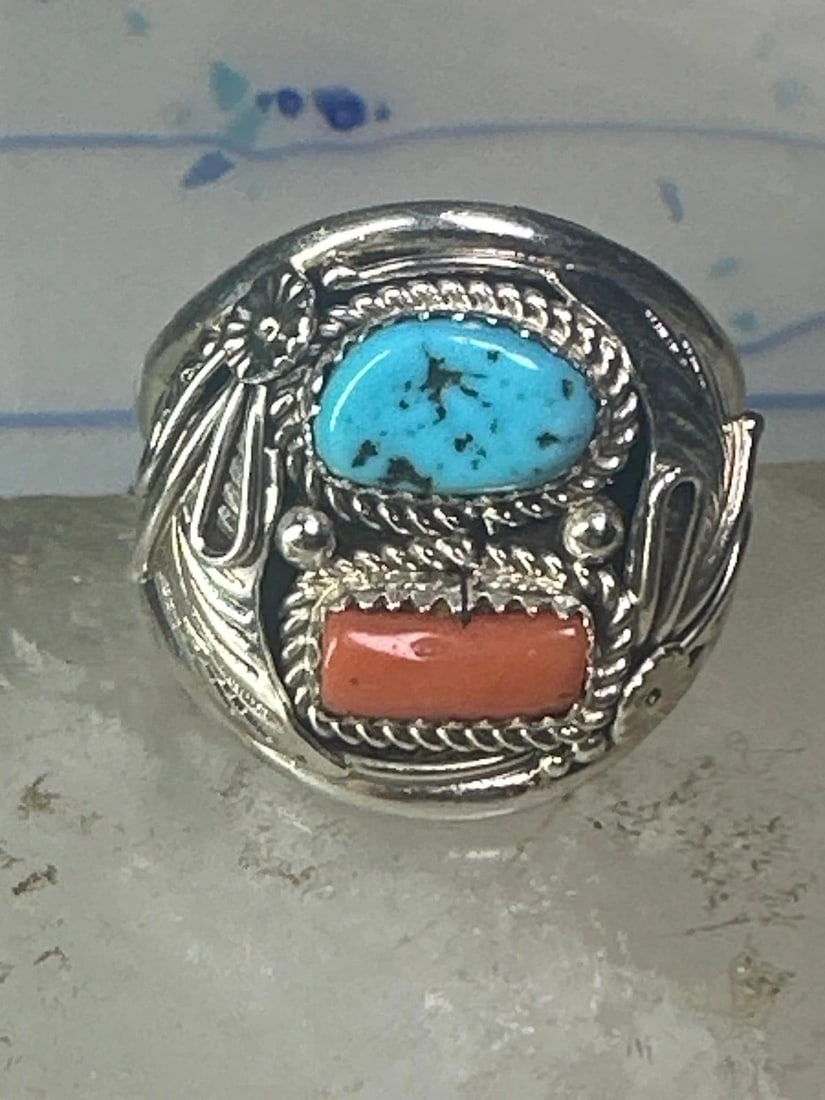 NAVAJO RING TURQUOISE CORAL SIZE 14.50 STERLING SILVER MEN B: NAVAJO RING TURQUOISE CORAL SIZE 14.50 STERLING SILVER MEN B Navajo ring turquoise coral size 14.50 sterling silver men b Size 14.50 Between a size 14.50 and a size 14.75 Weight 9.8g Width. 15/16" Thi
