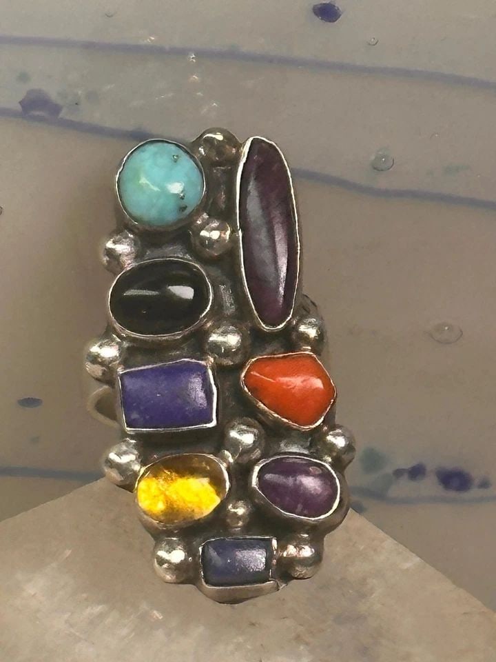 MULTI GEMSTONE LONG RING SOUTHWEST SIZE 6.75 STERLING SILVER WOMEN: MULTI GEMSTONE LONG RING SOUTHWEST SIZE 6.75 STERLING SILVER WOMEN Multi gemstone long ring southwest size 6.75 sterling silver women Size 6.75 Between a size 6.75 and a size 7 slightly adjustable Wei