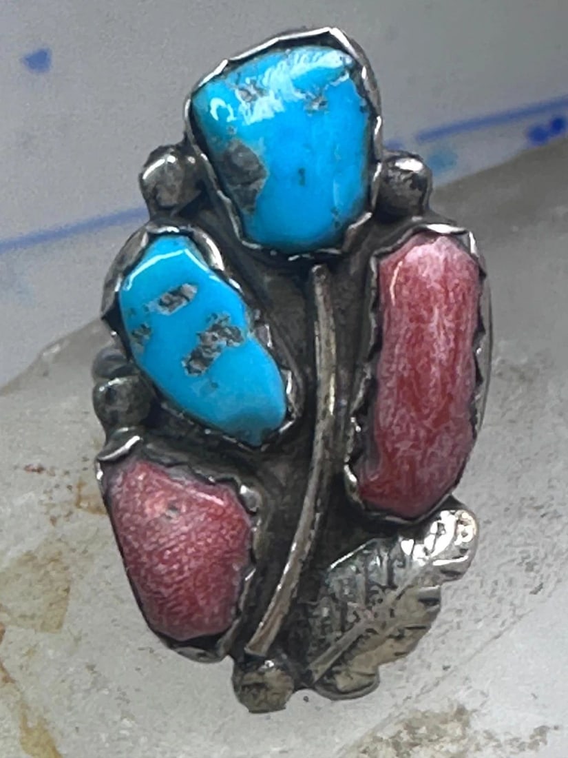 LONG NAVAJO TURQUOISE CORAL RING TURQUOISE BAND SIZE 5.75 STERLING SILVER WOMEN: LONG NAVAJO TURQUOISE CORAL RING TURQUOISE BAND SIZE 5.75 STERLING SILVER WOMEN Long Navajo Turquoise Ring size 5.75 sterling silver women girls Signed H. Pennetewa Size 5.75 Between a size 5.75 and a