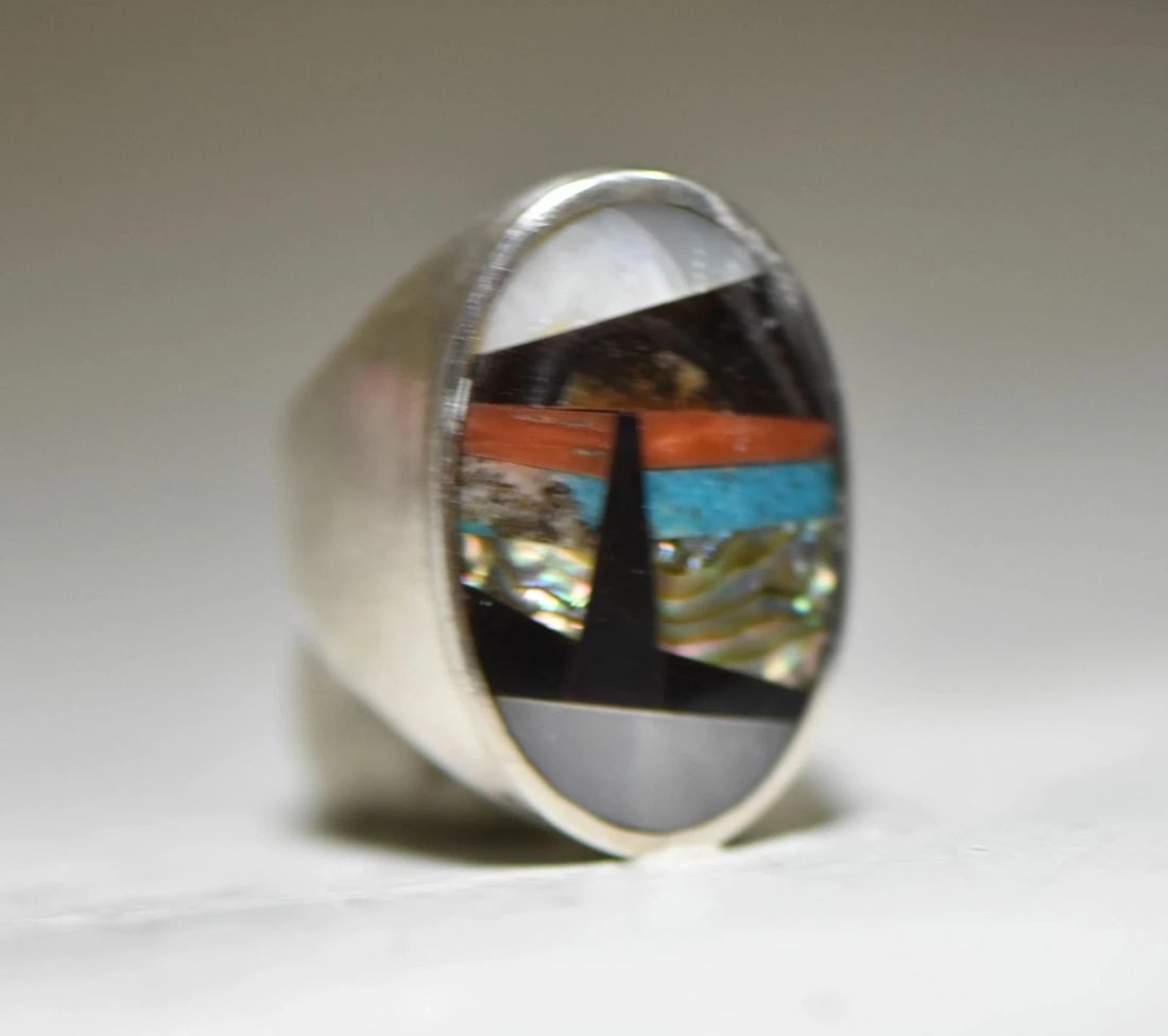 NAVAJO RING TURQUOISE SEASCAPE ABALONE LIGHTHOUSE SPINY OYSTER STERLING SILVER M (1 of 2)