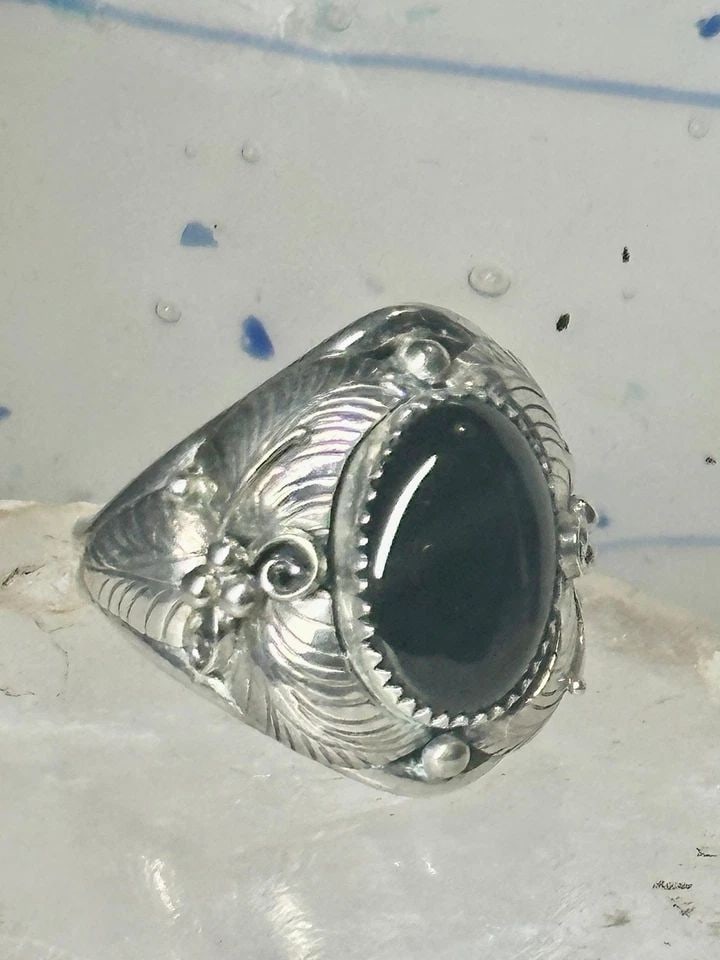 NAVAJO RING ONYX LEAVES BAND SIZE 15 STERLING SILVER MEN WOMEN (1 of 1)