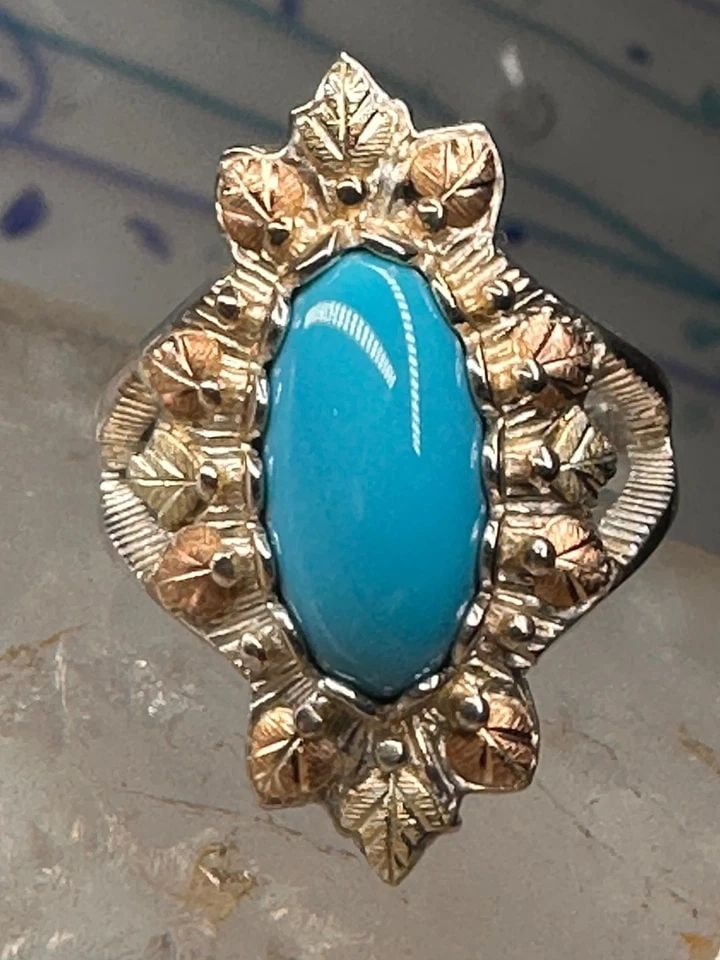 BLACK HILLS GOLD RING FLORAL LEAVES TURQUOISE BAND SIZE 6.75 STERLING SILVER WOM: BLACK HILLS GOLD RING FLORAL LEAVES TURQUOISE BAND SIZE 6.75 STERLING SILVER WOM Black Hills Gold ring floral leaves turquoise band size 6.75 sterling silver women Leaves Detailed with 12K over sterli