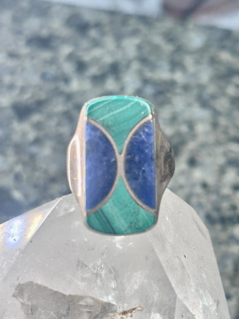 VINTAGE MALACHITE BLUE LAPIS RING J COMES TAXCO MEXICO SIZE 8.7 STERLING SILVER (1 of 2)