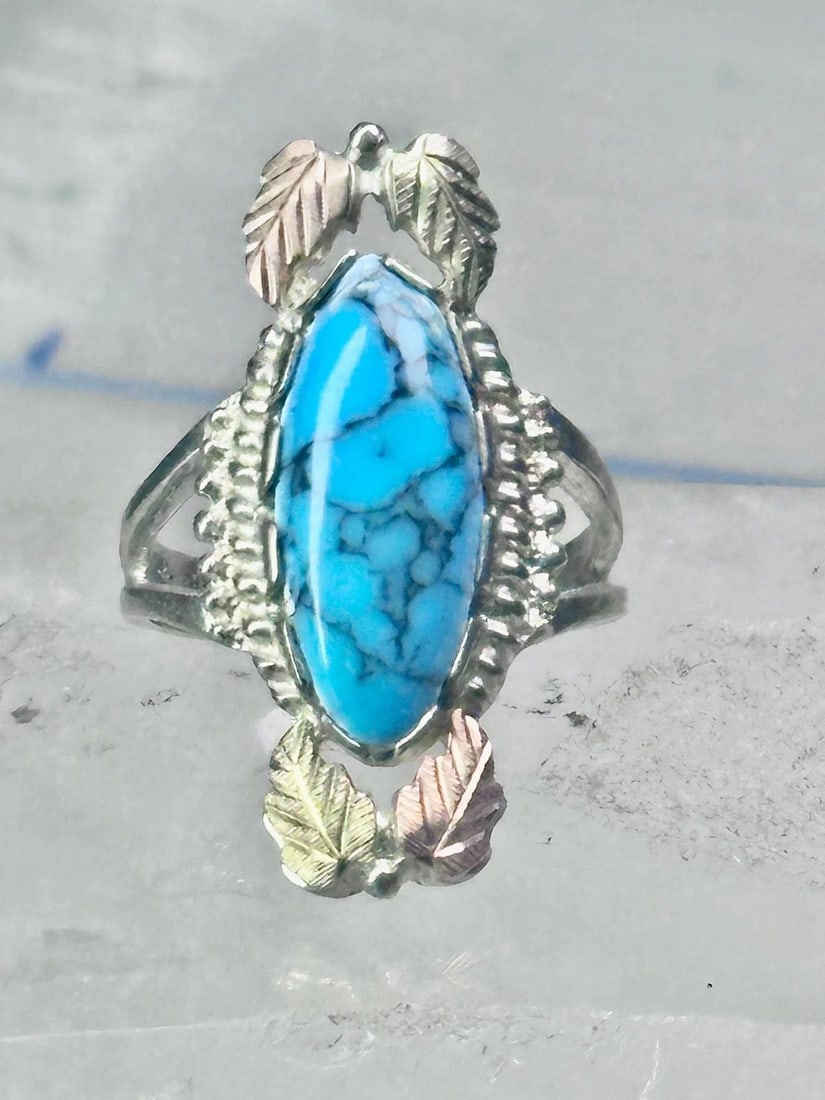 BLACK HILLS GOLD RING LONG TURQUOISE LEAVES BAND SIZE 7.50 STERLING SILVER WOMEN: BLACK HILLS GOLD RING LONG TURQUOISE LEAVES BAND SIZE 7.50 STERLING SILVER WOMEN Black Hills Gold Ring long vintage turquoise leaves band size 7.50 sterling silver women girls 12K over sterling silver