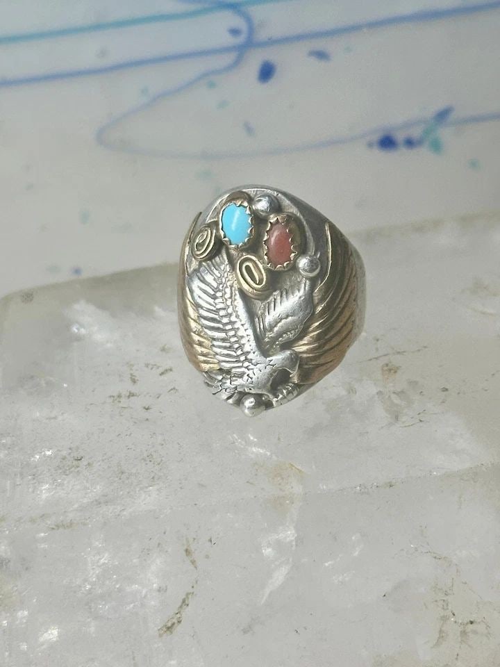 EAGLE RING SOUTHWESTERN TURQUOISE CORAL SIZE 8.75 STERLING SILVER WOMEN MEN: EAGLE RING SOUTHWESTERN TURQUOISE CORAL SIZE 8.75 STERLING SILVER WOMEN MEN Eagle ring southwestern turquoise coral size 8.75 sterling silver women men Size 8.75 Between a size 8.75 and a size 9 Weigh