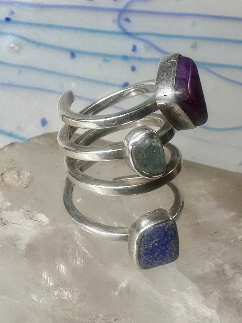 LILLY BARRACK RING MODERNIST THREE GEMSTONE RING TURQUOISE SIZE 5.5 STERLING SIL: LILLY BARRACK RING MODERNIST THREE GEMSTONE RING TURQUOISE SIZE 5.5 STERLING SIL Lilly Barrack ring modernist three gemstone ring Turquoise size 5.5 sterling silver women Size 5.5 Weight 12.6g Length 