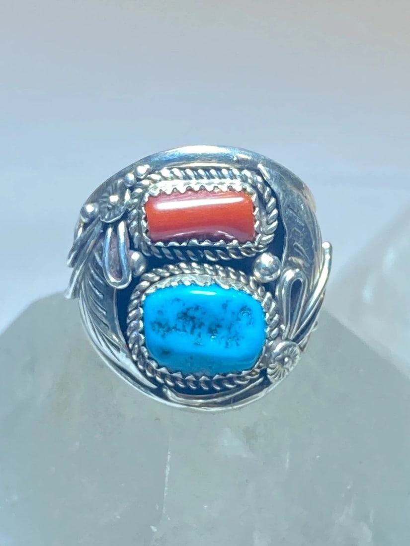 TURQUOISE RING SIZE 10.75 CORAL NAVAJO SOUTHWEST BAND STERLING SILVER: TURQUOISE RING SIZE 10.75 CORAL NAVAJO SOUTHWEST BAND STERLING SILVER Turquoise ring coral Navajo southwest band sterling silver Signed L Spencer Size 10.75 Between a size 10.75 and a size 11 Weight 9