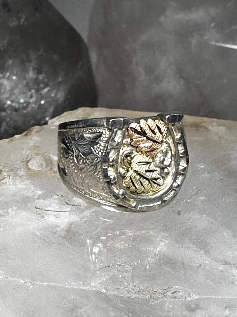 HORSESHOE RING BLACK HILLS GOLD SIZE 7.50 GOOD LUCK BAND STERLING SILVER WOMEN G: HORSESHOE RING BLACK HILLS GOLD SIZE 7.50 GOOD LUCK BAND STERLING SILVER WOMEN G Horseshoe ring Black Hills Gold size 7.50 good luck band sterling silver women girls Size 7.50 Between a size 7.50 and 