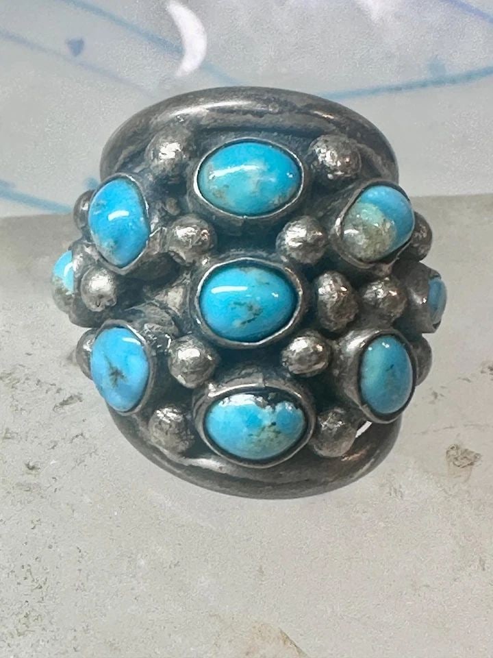 NAVAJO RING DOME TURQUOISE BAND SIZE 6 STERLING SILVER WOMEN GIRLS: NAVAJO RING DOME TURQUOISE BAND SIZE 6 STERLING SILVER WOMEN GIRLS Navajo ring Dome Turquoise band size 6 sterling silver women girls signed JT Size 6 Weight 16.4g Width 1" Thinnest part of band 1/4"