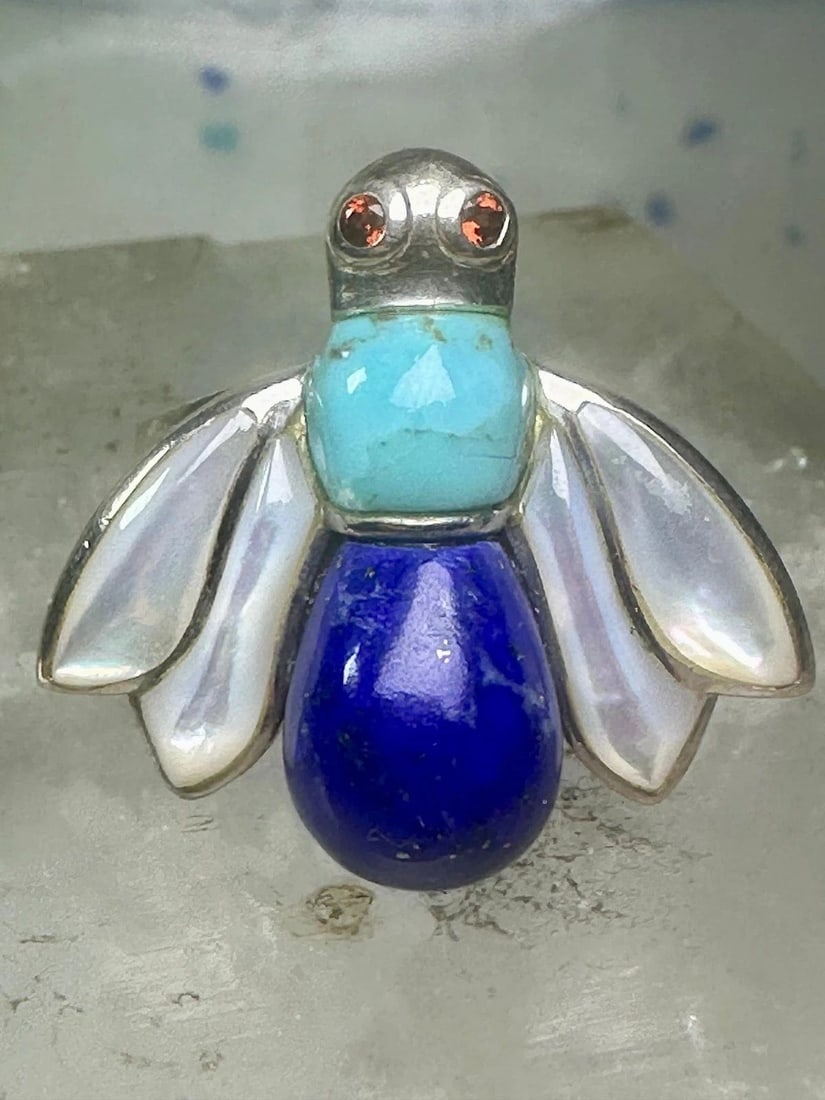 VINTAGE BUG RING INSECT BLUE LAPIS TURQUOISE MOP SIZE 8 STERLING SILVER WOMEN (1 of 1)