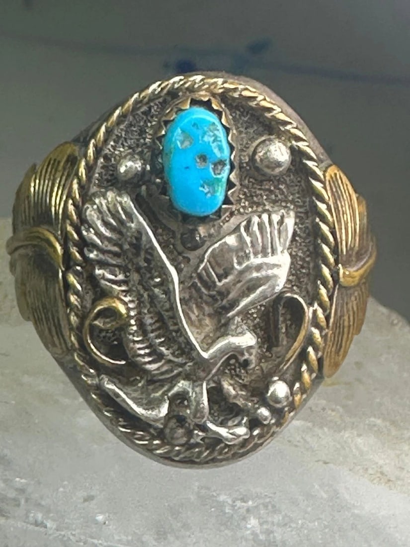 EAGLE RING LEAVES SOUTHWESTEN BAND SIZE 12.25 STERLING SILVER WOMEN MEN: EAGLE RING LEAVES SOUTHWESTEN BAND SIZE 12.25 STERLING SILVER WOMEN MEN Eagle Ring leaves southwestern band size 12.25 sterling silver women men looks like 1/20 12K gold filled leaves on either side o