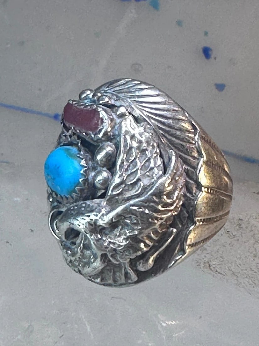 EAGLE RING SOUTHWEST TURQUOISE CORAL SOUTHWEST STERLING SILVER SIZE 11.75 WOMEN: EAGLE RING SOUTHWEST TURQUOISE CORAL SOUTHWEST STERLING SILVER SIZE 11.75 WOMEN Eagle ring southwest turquoise coral southwest sterling silver size 11.75 women men Size 11.75 Weight 24.6g Width 1" Thi