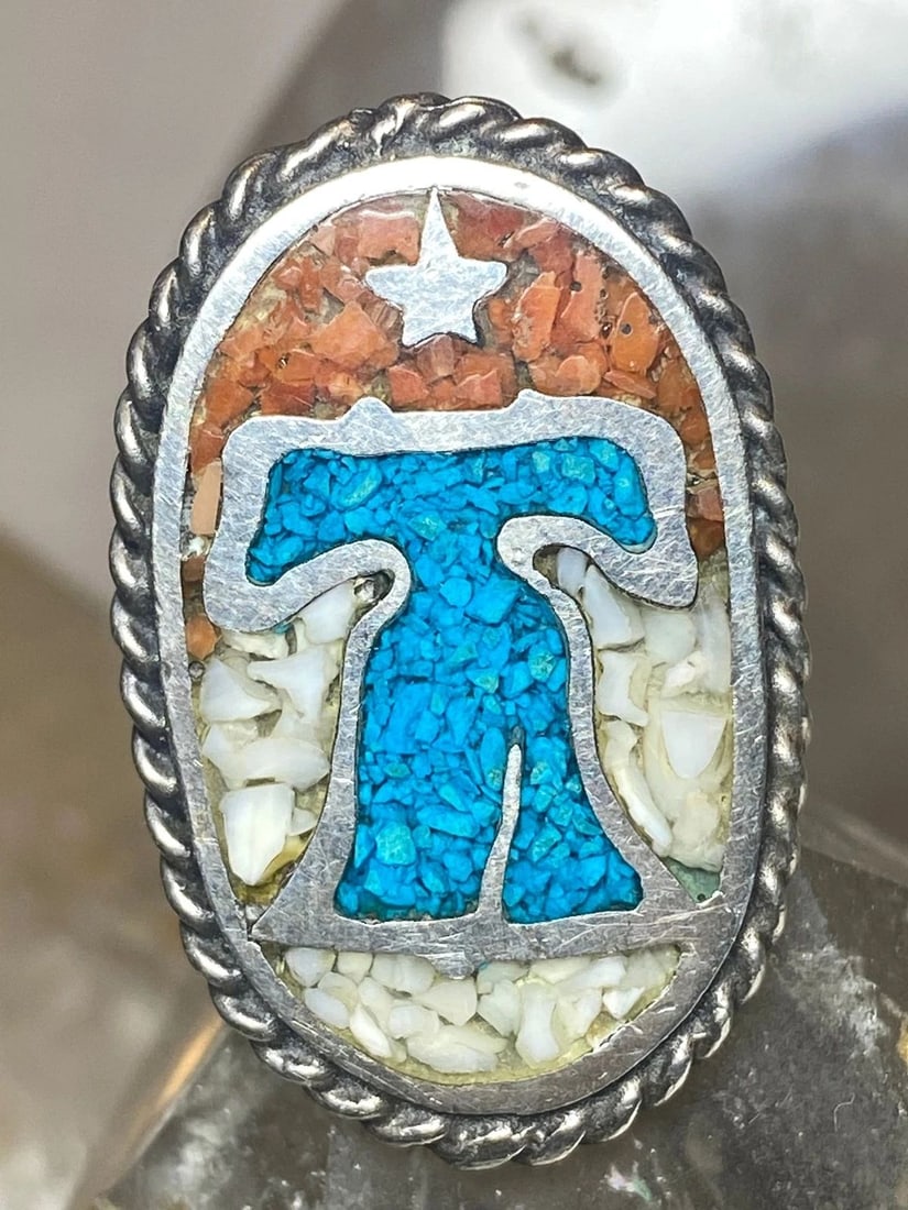 LIBERTY BELL RING SIZE 8 TURQUOISE CHIPS CORAL INDEPENDENCE JULY 4 STERLING SILV (1 of 2)