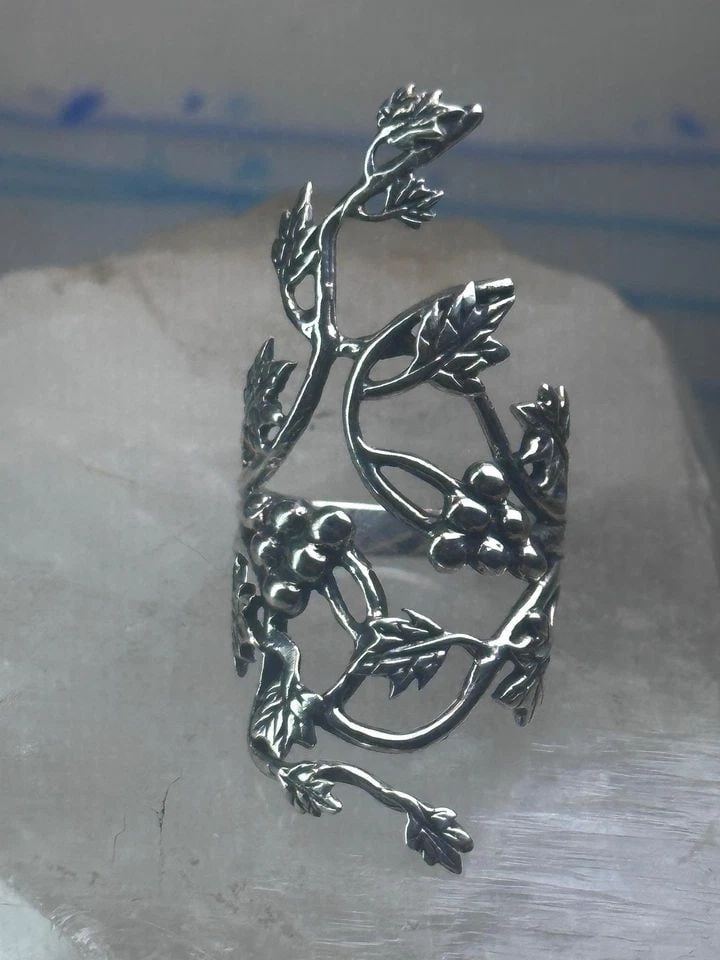 LONG GRAPE LEAVES RING LONG VINE FULL FINGER BAND SIZE 9 STERLING SILVER WOMEN (1 of 1)