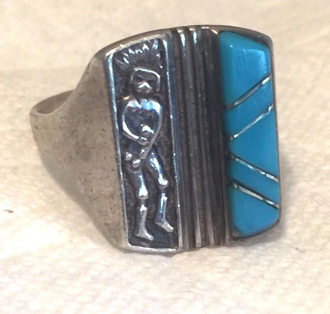 VINTAGE STERLING SOUTHWEST TRIBAL TURQUOISE KACHINA DANCER RING SIZE 10 10.4G: VINTAGE STERLING SOUTHWEST TRIBAL TURQUOISE KACHINA DANCER RING SIZE 10 10.4G Vintage Sterling Southwest Tribal Turquoise Kachina Dancer Ring Size 10 Weight 10.4g Length 3/4" Width 5/8" Free First Cla