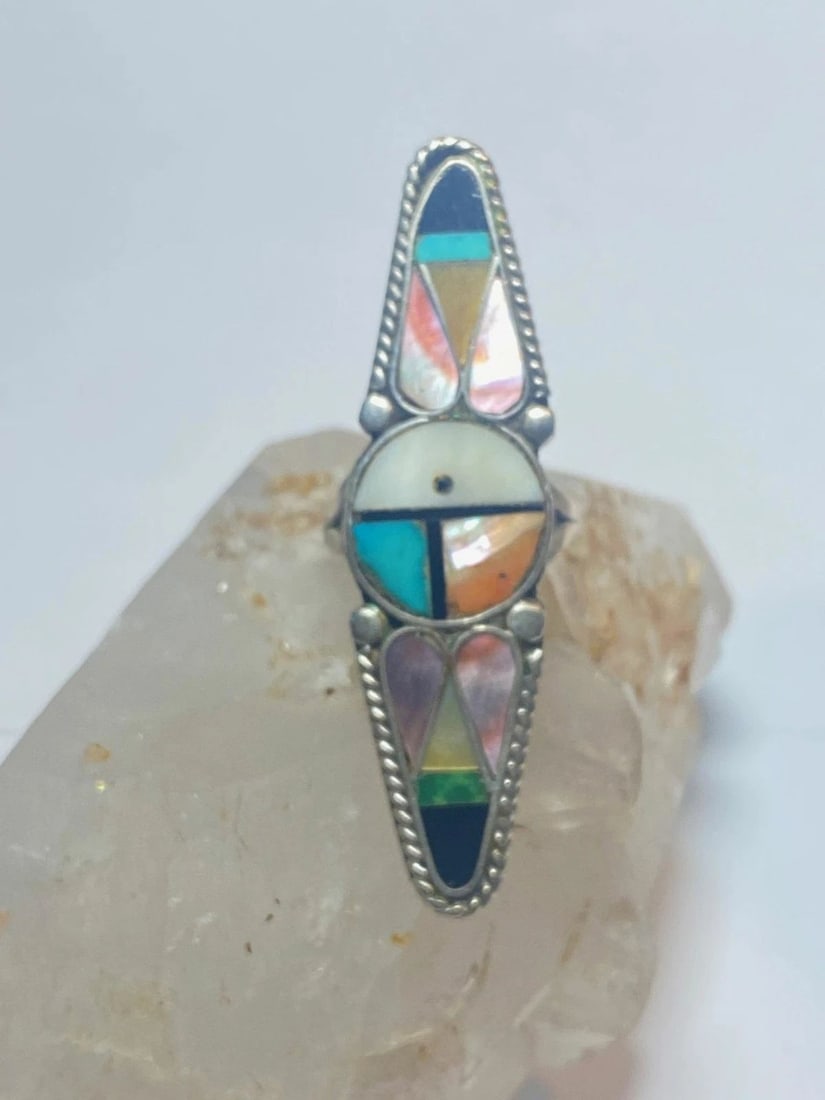 SUN FACE RING LONG TURQUOISE ONYX MOTHER OF PEARL ZUNI PINKY STERLING SILVER WOM: SUN FACE RING LONG TURQUOISE ONYX MOTHER OF PEARL ZUNI PINKY STERLING SILVER WOM Sun face ring long turquoise onyx mother of pearl Zuni pinky sterling silver women Size 5.50 Weight 8.9g Length 2 3/8" 