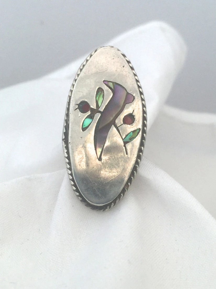 VINTAGE STERLING SILVER RING BIRD ABALONE TAXCO SIZE 5 MEXICO LONG TRIBAL: VINTAGE STERLING SILVER RING BIRD ABALONE TAXCO SIZE 5 MEXICO LONG TRIBAL Vintage Sterling Silver Ring Bird Abalone Mexico Taxco Size 5 Weight 7.3g Length 1 7/16" Width 5/8<