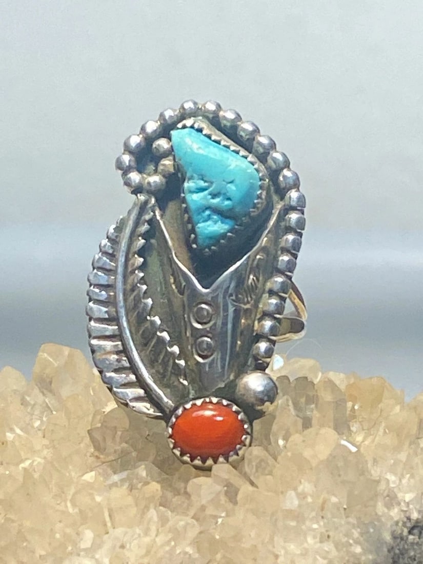 TURQUOISE RING SIZE 5 CORAL LONG NAVAJO FLOWER STERLING SILVER SOUTHWEST WOMEN G: TURQUOISE RING SIZE 5 CORAL LONG NAVAJO FLOWER STERLING SILVER SOUTHWEST WOMEN G Turquoise ring coral long Navajo flower sterling silver southwest women girls Size 5 Weight 6.8g Length. 1 3/8" Width 3