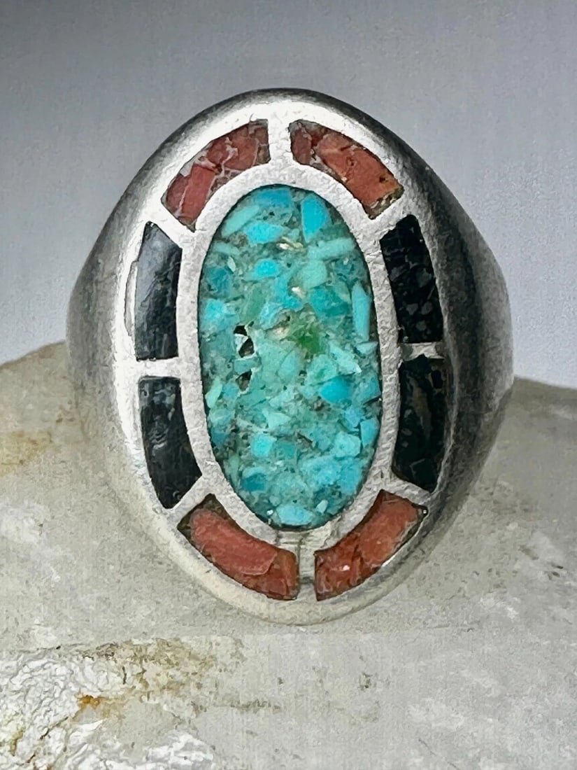 NAVAJO RING TURQUOISE CORAL CHIPS ONYX BAND SIZE 12.75 STERLING SILVER WOMEN MEN: NAVAJO RING TURQUOISE CORAL CHIPS ONYX BAND SIZE 12.75 STERLING SILVER WOMEN MEN Navajo ring turquoise coral chips onyx band size 12.75 sterling silver women men Size 12.75 Between a size 12.75 and a 