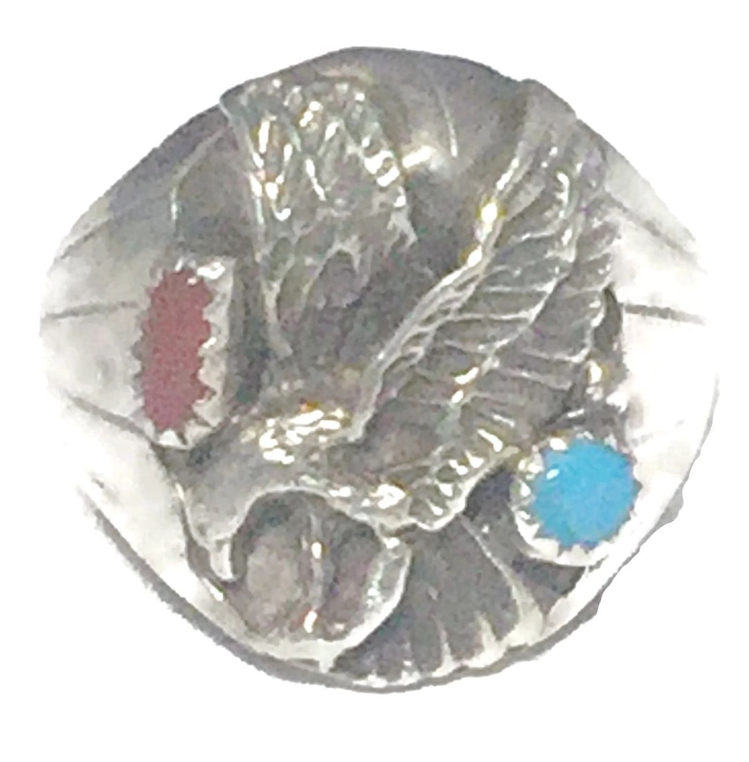 VINTAGE EAGLE STERLING SILVER SOUTHWEST TRIBAL RING TURQUOISE SIZE 12.50 16G MEN: VINTAGE EAGLE STERLING SILVER SOUTHWEST TRIBAL RING TURQUOISE SIZE 12.50 16G MEN Vintage Eagle Turquoise Coral Southwest Ring Sterling Silver Band or Ring. A Beautifully Crafted Work. Signed G Size 12
