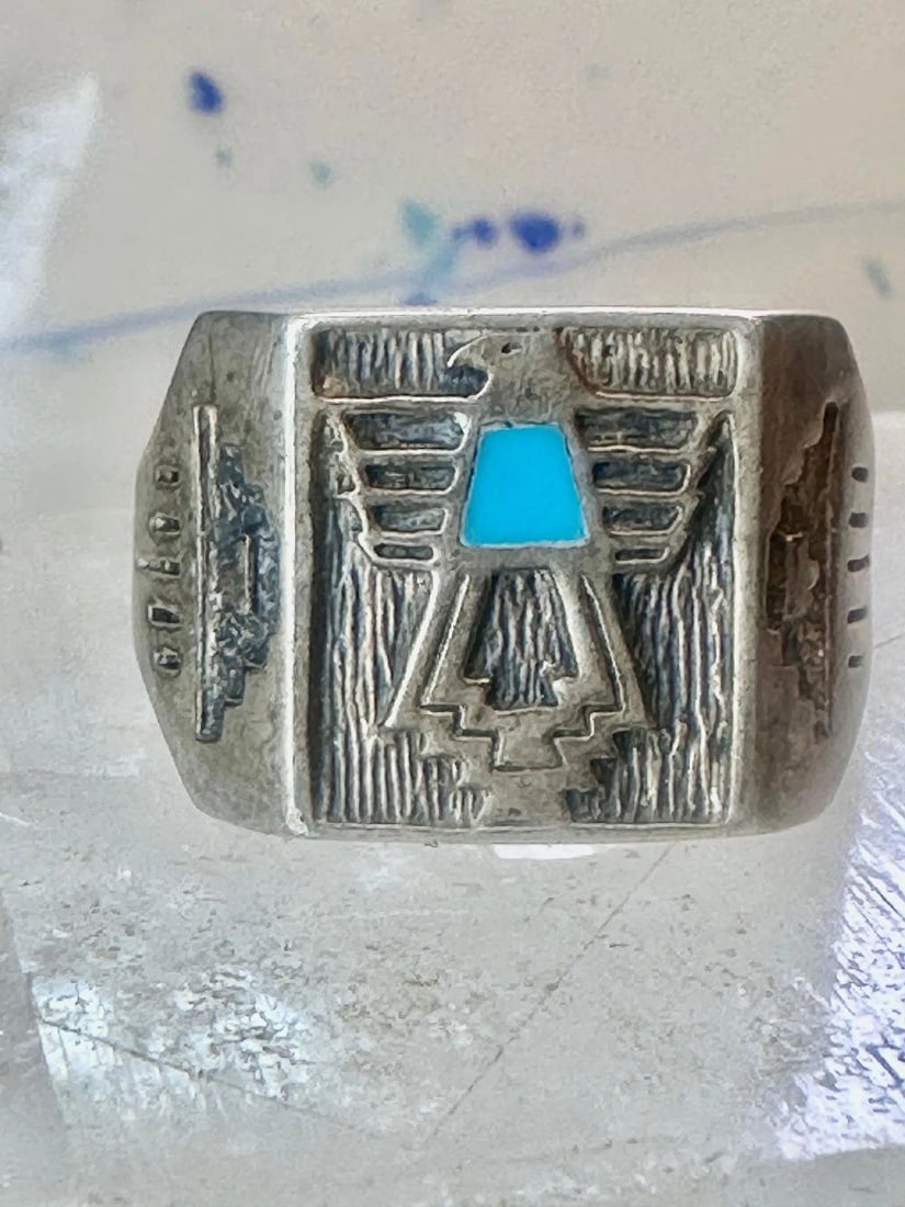 POLLACK RING THUNDERBIRD TURQUOISE SIZE 12.75 STERLING SILVER WOMEN MEN: POLLACK RING THUNDERBIRD TURQUOISE SIZE 12.75 STERLING SILVER WOMEN MEN Pollack ring Thunderbird turquoise size 12.75 sterling silver women men Size 12.75 Between a size 12.75 and a size 13 Weight 10.