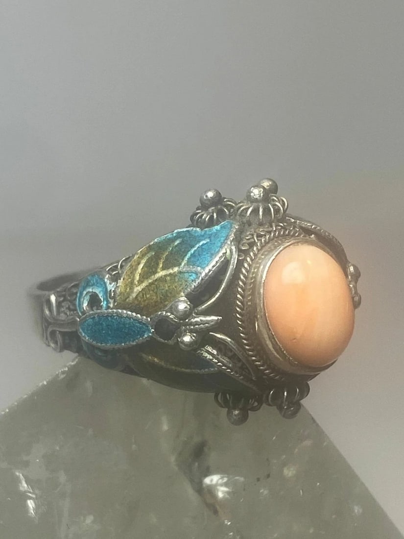 BUTTERFLY RING SIZE 7 CORAL ENAMEL STERLING SILVER WOMEN GIRLS (1 of 2)