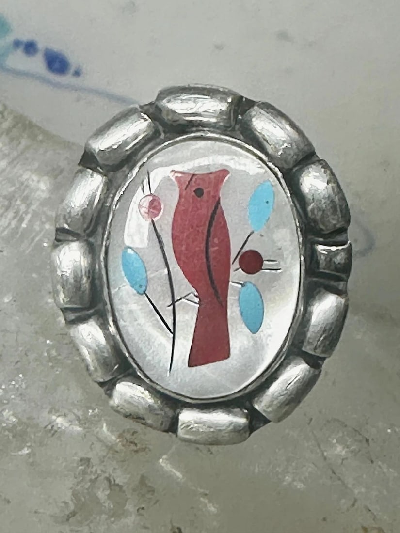 ZUNI RING BIRD CORAL MOTHER OF PEARL SIZE 4.25 STERLING SILVER PINKY WOMEN GIRLS: ZUNI RING BIRD CORAL MOTHER OF PEARL SIZE 4.25 STERLING SILVER PINKY WOMEN GIRLS Zuni ring bird coral mother of pearl size 4.25 sterling silver pinky women girls Size 4.25 Weight 7.9g length 1" Width 