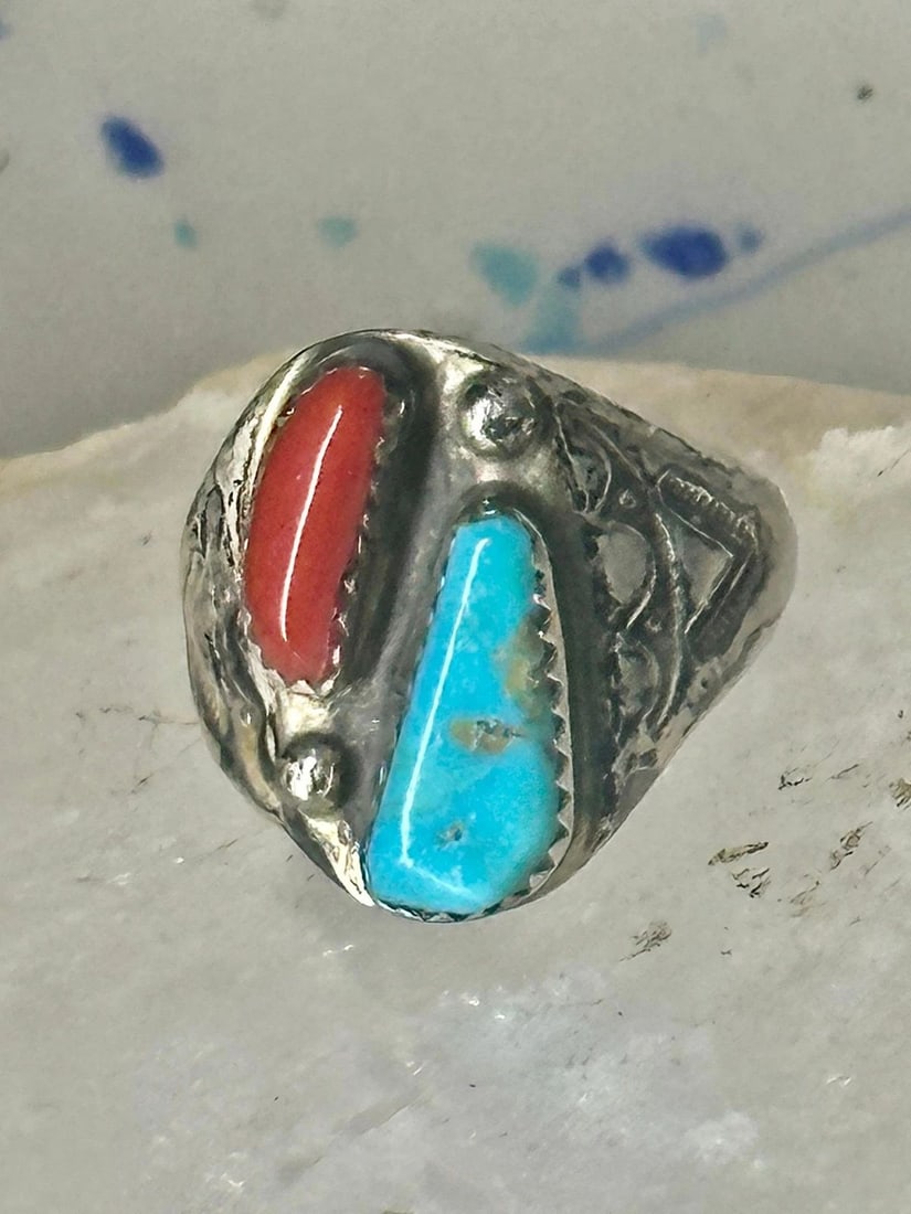 NAVAJO TURQUOISE RING CORAL ETCHED BAND SIZE 9.5 STERLING SILVER WOMEN MEN (1 of 1)